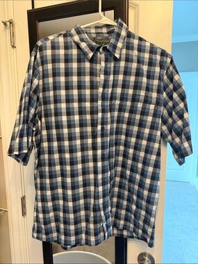 Woolrich Blue and White Check Short-Sleeve Button-Up Shirt